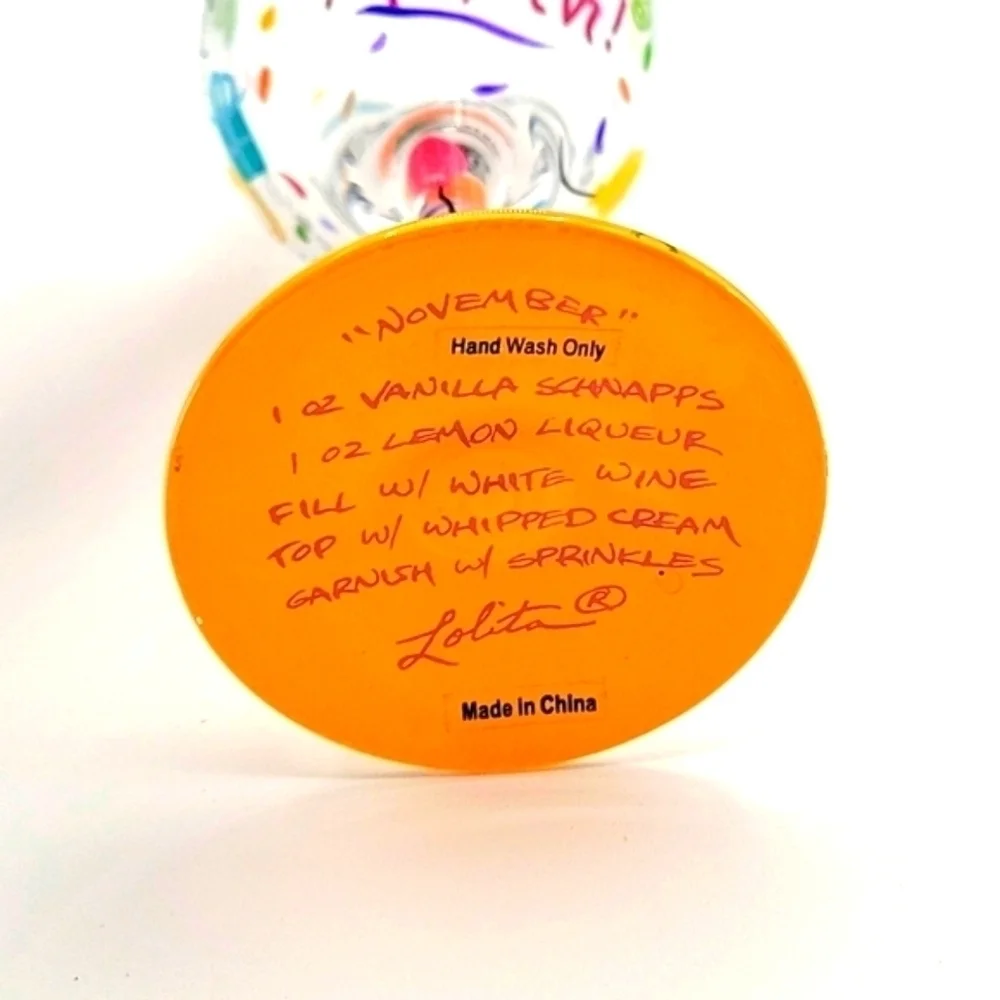 LOLITA Wine Glass Hand Painted November Birthday Recipe on Bottom